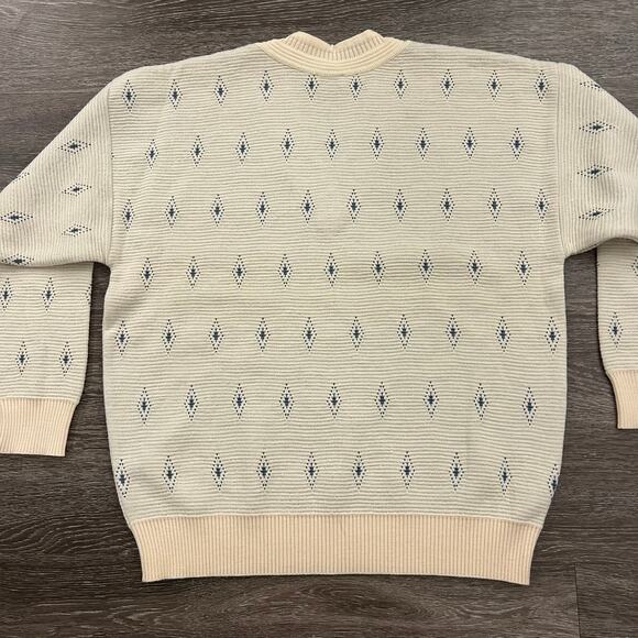 EUC Vintage St. Croix Knits Wool V Neck Sweater Cream Blue Diamond USA Made Sz L - Picture 13 of 16